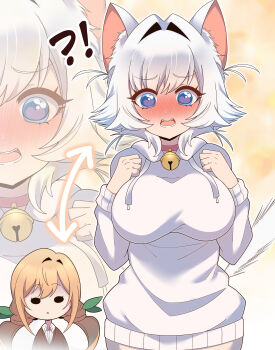 !? 2girls absurdres animal_ear_fluff animal_ears arrow_(symbol) bell blonde_hair blue_eyes blush breasts cat_ears cat_tail chibi chibi_inset choker drawstring erigo hair_intakes heart heart_in_eye highres hood hood_down hoodie inda_karane jingle_bell kimi_no_koto_ga_dai_dai_dai_dai_daisuki_na_100-nin_no_kanojo large_breasts long_sleeves looking_at_viewer low_twintails multiple_girls neck_bell nekonari_tama nose_blush open_mouth personality_switch pink_choker short_hair solid_oval_eyes symbol_in_eye tail twintails white_hair white_hoodie zoom_layer