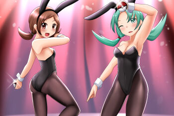 2girls animal_ears aqua_eyes aqua_hair arm_at_side arm_up armpits ass backless_leotard bare_back bare_shoulders black_legwear black_leotard blush breasts brown_eyes brown_hair cleavage clenched_hands collarbone covered_navel curtains detached_sleeves embarrassed eyelashes fake_animal_ears fake_tail female_focus fingernails happy highres holding holding_poke_ball indoors kris_(pokemon) legs leotard long_hair looking_at_viewer low_twintails lyra_(pokemon) matching_hair/eyes multiple_girls multiple_views neck nintendo no_bra one_eye_closed open_mouth pantyhose parted_bangs playboy_bunny poke_ball pokemon pokemon_gsc pokemon_hgss rabbit_ears rabbit_tail selvalanch shoulder_blades sidelocks skin_tight small_breasts smile sparkle stage stage_curtains standing strapless strapless_leotard tail thighs turnaround twintails