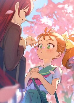 Rule 34 | 2girls, :o, aozora middle school uniform, aqua sailor collar, aqua skirt, bag, black jacket, blazer, blurry, blurry background, blurry foreground, carrying, cherry blossoms, cherry tree, closed eyes, commentary, day, depth of field, facing another, green eyes, hair pulled back, hair ribbon, jacket, long hair, looking at another, medium hair, multiple girls, natsuumi manatsu, neckerchief, orange hair, outdoors, parted lips, petal on face, pink neckerchief, pleated skirt, precure, red hair, ribbon, sailor collar, school bag, school uniform, serafuku, shirt, short sleeves, side ponytail, skirt, smile, standing, takizawa asuka, tropical-rouge! precure, white shirt, yellow ribbon, yuzu sato