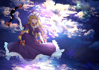 absurdres blonde_hair bow closed_mouth cloud commentary dress earth_(planet) elbow_gloves floating frilled_dress frills gap_(touhou) gloves hair_bow hat hat_ribbon highres long_hair looking_at_viewer mob_cap multiple_hair_bows neck_ribbon nettian51 night petals planet purple_dress purple_eyes red_bow red_ribbon ribbon short_sleeves smile touhou very_long_hair water white_gloves white_hat yakumo_yukari