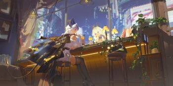 1girl absurdres black_bag black_horns black_jacket black_tail black_thighhighs chair clothing_cutout commentary_request curled_horns demon_tail different_reflection dress grey_dress highres horns indoors jacket jacket_on_shoulders night official_alternate_costume on_chair rafaelaaa reflection shoulder_cutout sitting solo sweater sweater_dress tail thighhighs thighs wuthering_waves zani_(downtown_repose)_(wuthering_waves) zani_(wuthering_waves)