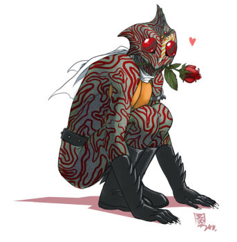 Rule 34 | 1boy, 2011, armband, armor, bet, black boots, black gloves, boots, claws, crossmirage, crouching, flower, flower in mouth, gloves, green armor, hands on ground, heart, helmet, kamen rider, kamen rider amazon, kamen rider amazon (series), knees up, lizard, looking at viewer, male focus, mask, masked, masked male, red eyes, red lining, rose, scarf, signature, spiked gloves, white scarf