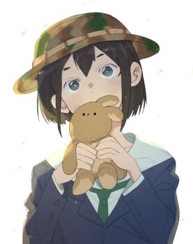 1girl absurdres asakusa_midori black_hair boonie_hat camouflage_hat commentary eizouken_ni_wa_te_wo_dasu_na! highres holding holding_stuffed_toy necktie school_uniform shibahama_high_school_uniform short_hair solo stuffed_animal stuffed_rabbit stuffed_toy takao_(88499191)