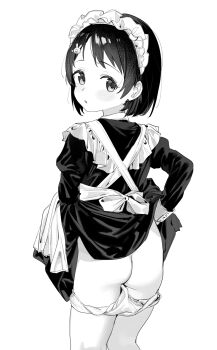 1girl absurdres ass clothes_lift commentary_request djheycha dress dress_lift greyscale highres idolmaster idolmaster_cinderella_girls loli maid maid_headdress monochrome panties panty_pull sasaki_chie short_hair simple_background solo underwear white_background