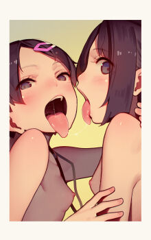 2girls blush breasts brown_eyes brown_hair commentary_request female_focus gradient_background hair_ornament hairclip highres kodomo_doushi loli looking_at_viewer miyu_(tiny_evil) muk_(monsieur) multiple_girls nipples open_mouth saliva saliva_trail sana_(tiny_evil) short_hair small_breasts teeth textless_version tiny_evil tongue tongue_out upper_body upper_teeth_only yellow_background yuri