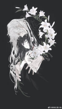 1boy 1girl absurdres ben-day_dots black_background black_dress black_hair black_sleeves blood blood_on_neck blue_eyes closed_eyes cropped_torso dress flower front-to-back highres jiujiu_dui_mo_da_yu long_hair looking_at_another love_and_deepspace parted_lips profile protagonist_(love_and_deepspace) screentones upper_body veins veiny_hands watermark weibo_watermark white_flower xavier_(love_and_deepspace)