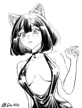 1girl animal_ears artist_name bell breasts cat_ears cat_girl center_opening collarbone commentary dollllls2 dress greyscale highres jingle_bell medium_hair monochrome neck_bell original parted_lips revealing_clothes simple_background solo symbol-only_commentary