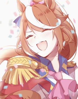 1girl ^_^ animal_ears ascot blue_ribbon bow brown_hair cape closed_eyes collared_shirt commentary_request confetti crying ear_ornament ear_ribbon earrings epaulettes floating_hair furrowed_brow hair_bow happy happy_tears high_ponytail highres horse_ears horse_girl jewelry light_blush long_hair long_sleeves multicolored_hair open_mouth pink_ascot pink_bow ponytail red_cape ribbon sakurazuki_(pixiv_30477550) shirt side_cape simple_background smile solo streaked_hair teardrop_earrings tears teeth tokai_teio_(peak_joy)_(umamusume) tokai_teio_(umamusume) umamusume upper_body upper_teeth_only very_long_hair wavy_hair white_background white_shirt