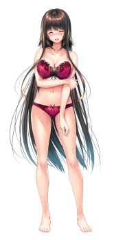 1girl amakano_2 arm_under_breasts bare_arms bare_legs bare_shoulders barefoot blush breasts brown_hair cleavage closed_eyes collarbone facing_viewer full_body hand_on_own_arm kurohime_yuuhi large_breasts large_variant_set legs long_hair lower_teeth_only navel official_art open_mouth own_hands_together piromizu red_eyes simple_background smile solo standing stomach tachi-e teeth thighs variant_set very_long_hair white_background