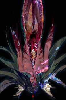 1girl absurdres bisected black_background black_hair blood blood_drip commentary english_commentary exposed_bone exposed_gusset facing_viewer fins guro hair_over_one_eye head_fins highres long_hair looking_at_viewer mermaid monster_girl nipples nude organs original red_eyes ribs severed_hand simple_background solo twulfs upside-down