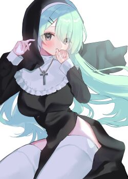 Rule 34 | 1girl, alternate costume, aqua hair, black dress, blue archive, breasts, commentary request, cross, cross necklace, dress, fingernails, hair ornament, hairclip, highres, hiyori (blue archive), jewelry, long hair, long sleeves, looking at viewer, myau 92, necklace, no halo, nun, nun headdress, pelvic curtain, side slit, simple background, solo, thighhighs, white background, white thighhighs