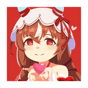 1girl animal_ears bare_shoulders blush bow brown_hair closed_mouth detached_sleeves dress ear_covers ear_ribbon hair_between_eyes heart highres horse_ears horse_girl long_hair looking_at_viewer multicolored_hair rahibizzz red_background red_dress red_eyes simple_background smile solo still_in_love_(scarlet_vow_raiment)_(umamusume) still_in_love_(umamusume) streaked_hair umamusume upper_body veil white_hair white_streaks white_veil