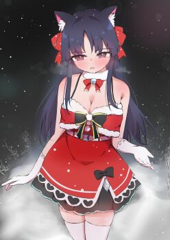 1girl absurdres animal_ear_fluff animal_ears arm_at_side assault_lily bare_shoulders bell black_bow black_hair blush bow bowtie breasts cat_ears chitonimu cleavage collar commentary_request cowboy_shot dress dress_bow fur-trimmed_dress fur_collar fur_trim gloves hair_bow hand_up highres jingle_bell kemonomimi_mode long_hair looking_at_viewer medium_breasts neck_bell night official_alternate_costume outdoors parted_lips purple_eyes red_bow red_bowtie santa_costume shirai_yuyu sleeveless sleeveless_dress snow snowing solo spaghetti_strap standing thighhighs white_collar white_gloves white_thighhighs zettai_ryouiki