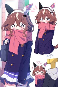 Rule 34 | 1boy, 1girl, animal ears, bag, black jacket, blue bag, blue coat, blush, bright pupils, brown hair, buttons, closed eyes, coat, commentary request, covered mouth, cowboy shot, crossed bangs, curren bouquetd'or (umamusume), double-breasted, ear covers, enpera, floral print, frilled skirt, frills, grey eyes, hair between eyes, hairband, highres, hood, hood down, hooded jacket, horse ears, horse girl, horse tail, jacket, long sleeves, looking at viewer, multicolored hair, multiple views, notice lines, open mouth, pink scarf, pleated skirt, purple skirt, scarf, scarf over mouth, school bag, school uniform, skirt, smile, streaked hair, tail, tracen school uniform, tracen winter coat, umamusume, upper body, utsubo (u-tubo), white hair, white hairband, white pupils