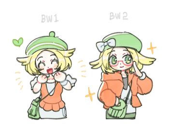 1girl :d ^_^ adjusting_eyewear beret bianca_(pokemon) blonde_hair bow chibi chibi_only closed_eyes closed_mouth dress glasses green_bag green_eyes green_hat hand_up hands_up happy hat hat_bow heart hood hood_down hooded_jacket jacket kong_(6ki3ki) multiple_views nintendo open_mouth orange_jacket orange_vest pokemon pokemon_bw pokemon_bw2 semi-rimless_eyewear shirt short_hair short_sleeves smile sparkle vest white_bow white_dress