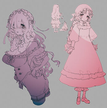 2girls absurdres age_comparison aged_down anger_vein bow breasts brooch choppy_bangs cleavage closed_mouth commentary_request cropped_legs double-parted_bangs dress eurasia_(wtp09ptw14) francoise_(eurasia) frilled_dress frilled_shirt frilled_sleeves frills full_body garter_straps grey_background hair_between_eyes hat highres jewelry large_breasts long_hair looking_at_viewer maid_headdress mob_cap multiple_girls multiple_monochrome multiple_views original puffy_sleeves shirt shoes short_sleeves simple_background sketch skirt socks wavy_hair