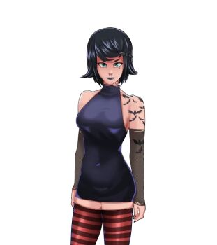 andrealphus_games arm_tattoo black_hair blue_dress blue_eyes breasts dress looking_at_viewer love_n_sex_second_base modeling standing tattoo thighhighs vampire violaine_(love_n_sex)