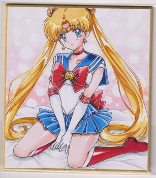 1girl bishoujo_senshi_sailor_moon blonde_hair blue_eyes blue_sailor_collar bow chikoto_(kztc4472) choker collarbone crescent crescent_earrings double_bun earrings elbow_gloves gloves hair_bun hair_ornament heart highres jewelry long_hair looking_at_viewer magical_girl photo_(medium) red_choker sad sailor_collar sailor_moon sailor_senshi_uniform sitting skirt solo thighs traditional_media tsukino_usagi twintails wariza white_gloves