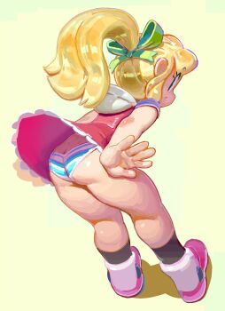 1girl ass blonde_hair capcom dress female_focus from_behind green_ribbon gumdrops hair_ribbon mega_man_(classic) mega_man_(series) panties ponytail red_dress ribbon roll_(mega_man) simple_background solo solo_focus striped_clothes striped_panties underwear