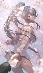 Rule 34 | 1girl, 1other, absurdres, ass, blue eyes, brown hair, cherry blossoms, colored inner hair, dark-skinned female, dark skin, dress, goddess of victory: nikke, high ponytail, highres, holding hands, looking at viewer, multicolored hair, neu (musyoku-neet), noise (cherry blossom stage) (nikke), noise (nikke), petals, pleated dress, pov, pov hands, ribbon, see-through, see-through sleeves, white ribbon