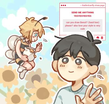 Rule 34 | 2boys, absurdres, alternate costume, antenna hair, arthropod boy, basil (faraway) (omori), basil (omori), bee boy, bee wings, black eyes, black hair, blonde hair, blue eyes, blush, bright pupils, closed mouth, english text, flower, highres, holding honeypot, honey, honeypot, insect wings, looking at another, male focus, mini person, miniboy, multiple boys, omori, outdoors, outline, short hair, sleeveless, smile, socks, strawpage, sunflower, sunny (omori), thatbirdcanfly, white outline, white pupils, white socks, wings