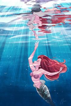 2girls ariel_(disney) bare_arms bare_shoulders bikini breasts cleavage commentary different_reflection dual_persona english_commentary fins fish_tail highres long_hair medium_breasts mermaid midriff monster_girl multiple_girls naco_oekaki navel outstretched_hand parted_lips red_hair reflection shell shell_bikini shirt sign smile sunlight swimsuit tail the_little_mermaid_(disney) underwater white_shirt