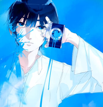 Rule 34 | 1boy, black hair, blood, blood on clothes, blood on face, blood on object, blue background, blue blood, blue eyes, blue theme, camera, closed mouth, collared shirt, commentary request, digital camera, expressionless, holding, holding camera, looking at viewer, male focus, shirt, short hair, solo, tokoame, white shirt, yorushika
