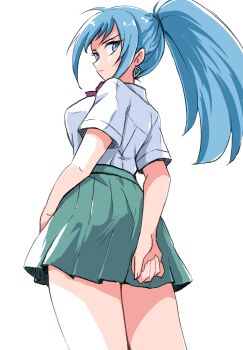 Rule 34 | 1girl, alternate costume, arms behind back, blue eyes, blue hair, commentary request, earrings, green skirt, highres, ikaringo (ikaringo4444), jewelry, leona heidern, looking back, neckerchief, pleated skirt, ponytail, red neckerchief, school uniform, shirt, short sleeves, skirt, solo, the king of fighters, triangle earrings, white shirt