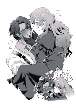 1boy 1girl ^_^ blush catherine_(project_moon) chest_harness closed_eyes collared_shirt commentary_request frilled_sleeves frills gloves greyscale grin harness hat heart hetero highres iphone1996pro juliet_sleeves kiss limbus_company long_hair long_sleeves monochrome parted_bangs project_moon puffy_sleeves shirt simple_background smile