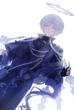 Rule 34 | 1boy, absurdres, andoain (arknights), arknights, black capelet, black gloves, capelet, chinese commentary, commentary request, detached wings, fingerless gloves, gloves, grey eyes, grey hair, grey halo, hair between eyes, halo, highres, long sleeves, looking at viewer, male focus, parted lips, short hair, simple background, solo, strap, white background, wings, zuo fan deng shi zhuang
