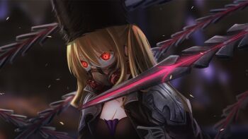 1girl armor blonde_hair breasts cleavage code_vein commentary female_focus fur_hat gas_mask glowing glowing_eyes hair_between_eyes hat highres lunar_insanity mask mia_karnstein red_eyes shoulder_armor small_breasts solo tail twintails vampire weapon