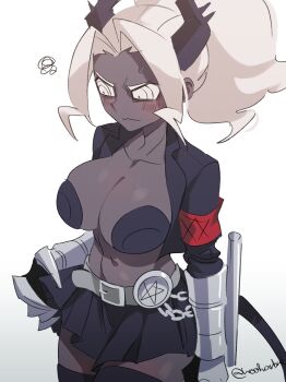 1girl absurdres alternate_costume armband belt bilingual_commentary black_horns black_skirt black_thighhighs blush breasts cleavage collarbone commentary commentary_request cowboy_shot cropped_jacket dark-skinned_female dark_skin demon_girl demon_horns demon_tail english_commentary gauntlets helltaker highres horns judgement_(helltaker) large_breasts long_hair long_sleeves midriff mixed-language_commentary navel noah_(tettsui-sole) partial_commentary pleated_skirt ponytail simple_background skirt solo squiggle tail thighhighs twitter_username wavy_mouth weapon white_background white_eyes white_hair zettai_ryouiki
