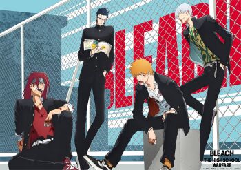 2023 4boys abarai_renji belt bleach blood blood_on_clothes blood_on_face blue_hair brown_eyes collarbone commentary copyright_name dress_shirt fence glasses grey_hair hand_on_own_knee hands_in_pockets headband ichimaru_gin ishida_uryuu kurosaki_ichigo leaning_forward leaning_to_the_side long_hair medium_hair multiple_boys official_art open_mouth orange_hair outdoors pants promotional_art reading red_hair school_uniform shirt shoes short_hair sitting spiked_hair