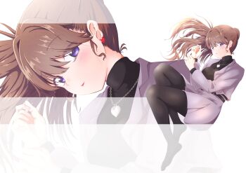 1girl absurdres black_pantyhose black_sweater brown_hair commentary earrings english_commentary floating_hair formal_clothes fujishima_megumi fujishima_megumi_(post-graduation) grey_jacket grey_skirt grey_suit heart heart_earrings heart_necklace highres jacket jewelry link!_like!_love_live! lone_nape_hair long_sleeves looking_at_viewer love_live! miniskirt necklace no_shoes open_clothes open_jacket pantyhose parted_lips pleated_skirt ponytail purple_eyes rakinegimagi simple_background skirt skirt_suit smile solo suit suit_jacket sweater turtleneck turtleneck_sweater virtual_youtuber white_background zoom_layer