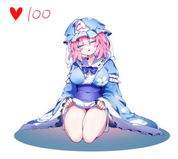 1girl blue_hat blue_kimono cherry_blossom_print floral_print frilled_kimono frills full_body half-closed_eyes hashtag-only_commentary hat highres japanese_clothes kimono long_sleeves mob_cap pink_hair saigyouji_yuyuko short_hair sia_6767 simple_background sitting solo touhou triangular_headpiece white_background wide_sleeves
