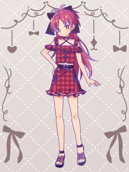1girl absurdres antenna_hair bare_shoulders blush bright_pupils brown_sandals closed_mouth commentary full_body grey_background grid_background hand_on_own_hip highres long_hair looking_at_viewer mahou_shoujo_madoka_magica parted_bangs plaid_clothes plaid_shirt plaid_skirt red_eyes red_hair red_shirt red_skirt ruru_(rurumagi) sakura_kyoko sandals shirt signature skirt solo standing white_pupils