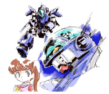 1girl anna_stephanie aoki_ryuusei_spt_layzner armor blunt_bangs brown_hair glass green_eyes long_hair looking_at_viewer machinery mecha ponytail robot shijou_yukimasa simple_background white_background