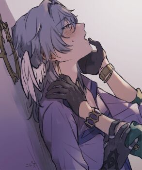 2boys adam's_apple aventurine_(honkai:_star_rail) black_gloves blush bracelet dutch_angle finger_in_another's_mouth gloves grey_hair halo halo_downfall hashtag-only_commentary head_wings highres honkai:_star_rail honkai_(series) jewelry male_focus medium_hair multiple_boys open_mouth out_of_frame sunday_(honkai:_star_rail) white_wings wings yaoi