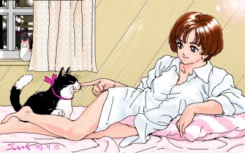 1990s_(style) 1girl artist_name bare_legs barefoot black_fur breasts brown_eyes brown_hair cat character_request choker closed_mouth commentary_request copyright_request curtains dated dated_commentary dithering elbow_rest finger_to_another&#039;s_nose foot_out_of_frame from_side index_finger_raised indoors legs_together long_sleeves looking_at_another lying medium_breasts on_bed on_side open_collar panties panty_peek pc-98_(style) pillow pink_fur pink_panties pink_ribbon pixel_art profile retro_artstyle ribbon ribbon_choker shirt short_hair signature smile solo teiku_(take) underwear white_shirt window wing_collar wooden_wall