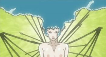Rule 34 | 00s, 1girl, 2002, animated, animated gif, breasts, crossed arms, curly hair, demon, demon girl, eyeshadow, feathered wings, feathers, genyo (the urotsuki), green hair, large breasts, lipstick, long hair, lowres, makeup, nipples, pointy ears, queen, sidelocks, tagme, thick lips, urotsukidouji, wings, yellow eyes