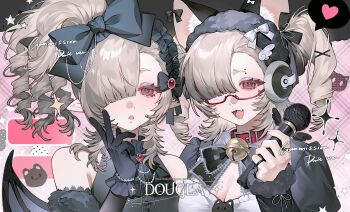 2girls absurdres animal_ears artist_name bat_wings bead_bracelet beads bell black_bow black_bowtie black_gloves black_headdress black_wings blonde_hair bow bowtie bracelet breasts cat_ears cat_girl cleavage commission dougla drill_hair eyebrow_piercing eyelashes eyeshadow face_piercing fang fingernails frills gem glasses gloves hair_bow headdress headphones heart highres holding holding_microphone jewelry long_hair looking_at_viewer makeup medium_breasts microphone mole mole_under_eye multiple_girls neck_bell one_eye_covered open_mouth original piercing purple_eyeshadow red_eyes red_gemstone ring semi-rimless_eyewear sidelocks speech_bubble star_(symbol) teeth upper_body upper_teeth_only watermark white_bow wings