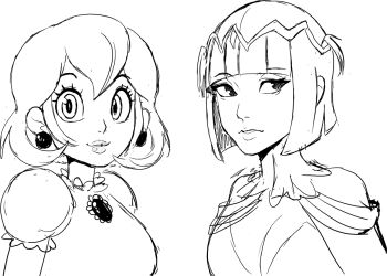2girls alternate_hairstyle bob_cut breasts brooch circlet cleavage dress earrings fire_emblem fire_emblem_awakening jewelry looking_at_viewer mario_(series) multiple_girls nintendo princess_peach short_hair sketch teevo tharja_(fire_emblem)