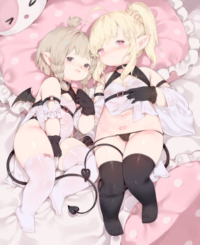 2girls absurdres black_eyes black_gloves black_panties black_thighhighs blonde_hair blush braid cameltoe chinese_commentary commentary_request demon_tail demon_wings final_fantasy final_fantasy_xiv flat_chest frilled_pillow frills full_body gloves grey_hair highres lalafell loli looking_at_viewer lying multiple_girls navel no_shoes on_back open_mouth panties pillow pointy_ears ponytail pubic_tattoo red_eyes side_ponytail side_ponytail_with_braided_base tail tattoo thighhighs twin_braids underwear white_thighhighs wings zhazhapao