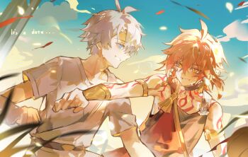 2boys absurdres aged_down antenna_hair arm_tattoo armlet black_tank_top blonde_hair blue_eyes blue_sky braid chest_tattoo chinese_commentary commentary_request facial_tattoo gradient_hair grey_shirt hadant highres honkai:_star_rail honkai_(series) iron_hailai jewelry male_focus medium_hair multicolored_hair multiple_boys mydei_(a_trail_of_bygone_blood)_(honkai:_star_rail) mydei_(honkai:_star_rail) official_alternate_costume parted_bangs phainon_(a_dream_scented_in_wheat)_(honkai:_star_rail) phainon_(honkai:_star_rail) red_hair red_tattoo shirt short_hair side_braid sky tank_top tattoo white_hair yellow_eyes