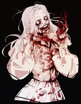 1girl absurdres black_background black_sclera blank_eyes bleeding blood blood_from_mouth blood_in_hair blood_on_clothes blood_on_face blood_on_hands blood_on_mouth blood_splatter bloodshot_eyes bloody_clothes bloody_dress bloody_tears claws colored_sclera colored_skin crazy crazy_eyes crazy_smile dress fangs fingernails frilled_sleeves frills grey_skin hashtag-only_commentary highres horror_(theme) injury knife long_fingernails long_hair long_sleeves looking_at_viewer makeup messy_hair open_mouth pale_skin puffy_long_sleeves puffy_sleeves red_eyes red_lips red_sclera resident_evil resident_evil_requiem runny_makeup selena_corey sharp_fingernails simple_background smile solo spot_color teeth upper_body vampire white_dress white_eyes white_hair white_skin wide-eyed wide_mouth woodloose204 zombie zombie_girl