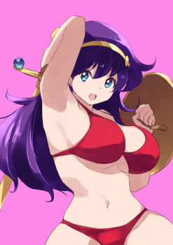 1girl amazon asamiya_athena bikini blue_eyes breasts coveredcore female_focus gold hairband highres large_breasts long_hair nemo pale_skin princess_athena purple_hair red_bikini snk_heroines:_tag_team_frenzy solo standing swimsuit the_king_of_fighters themanyoukilled underboob wide_hips