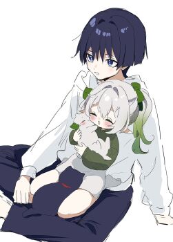 1boy 1girl alternate_costume alternate_hairstyle animal animalization arms_at_sides black_cat black_hair black_pants blunt_ends blush bow cable_knit casual cat closed_eyes colored_tips contemporary eyelashes eyeliner eyeshadow facing_animal genshin_impact gradient_hair green_bow green_hair green_sleeves green_sweater hair_between_eyes hair_bow hair_intakes hair_ornament highres hirarinoie holding holding_animal holding_cat hood hood_down hoodie indian_style leaf leaf_hair_ornament long_hair long_sleeves looking_to_the_side makeup multicolored_hair nahida_(genshin_impact) open_mouth pants person_and_animalization ponytail purple_eyes purple_pupils red_eyeliner red_eyeshadow scaramouche_(cat)_(genshin_impact) scaramouche_(genshin_impact) seiza shorts sidelocks sitting sitting_between_lap socks source_request sweater white_background white_cat white_hood white_hoodie white_mouth white_shorts white_sleeves white_socks wispy_bangs