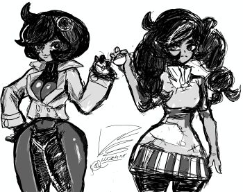 2girls absurdres emma_(pokemon) highres luzennon multiple_girls nintendo pantyhose poke_ball pokemon self-upload sketch wide_hips