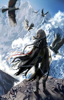 1girl bird black_shoes black_skirt blue_sky cloud girls&#039;_frontline long_hair m16a1_(boss)_(girls&#039;_frontline) m16a1_(girls&#039;_frontline) mountain multicolored_hair shoes silence_girl skirt sky solo standing yellow_eyes