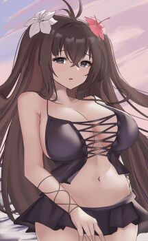 absurdres akuaka azur_lane bikini bikini_skirt black_bikini black_eyes breasts brown_hair cleavage commentary cowboy_shot cross-laced_bikini cross-laced_clothes english_commentary flower fubuki_(senran_kagura) fubuki_(sunset_witch)_(senran_kagura) hair_flower hair_ornament highres huge_breasts long_hair looking_at_viewer navel official_alternate_costume red_flower senran_kagura solo swimsuit very_long_hair white_flower